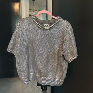 Metallic Silver Short-Sleeve Crewneck Sweater
